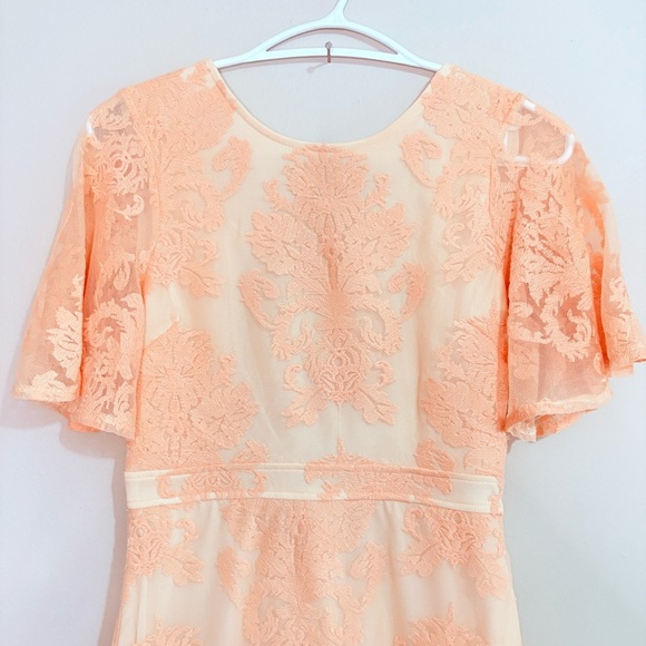 Cream & Pink Lace Dress w Flutter Sleeve & Ruffle Trim Open Back w Pink Tie Bow - Picture 3 of 16